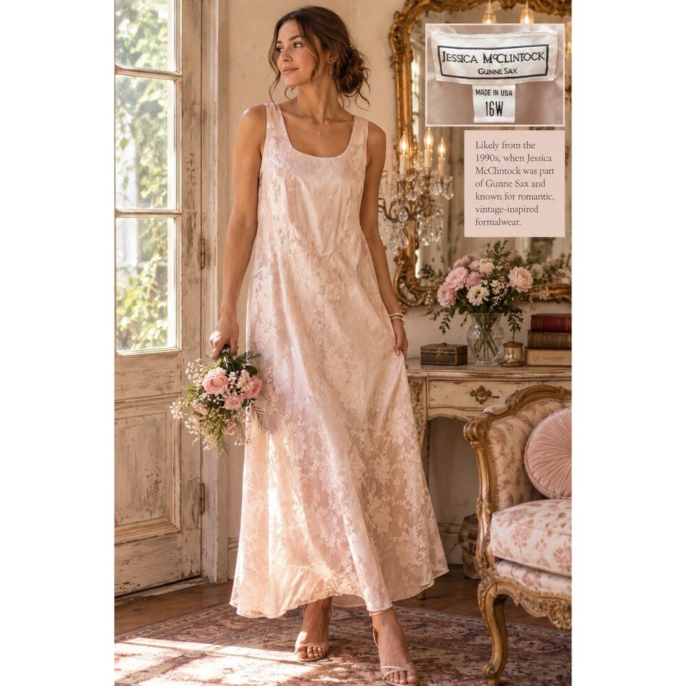 Vintage Jessica McClintock Gunne Sax 16W Pink Floral Jacquard Maxi Dress USA XL